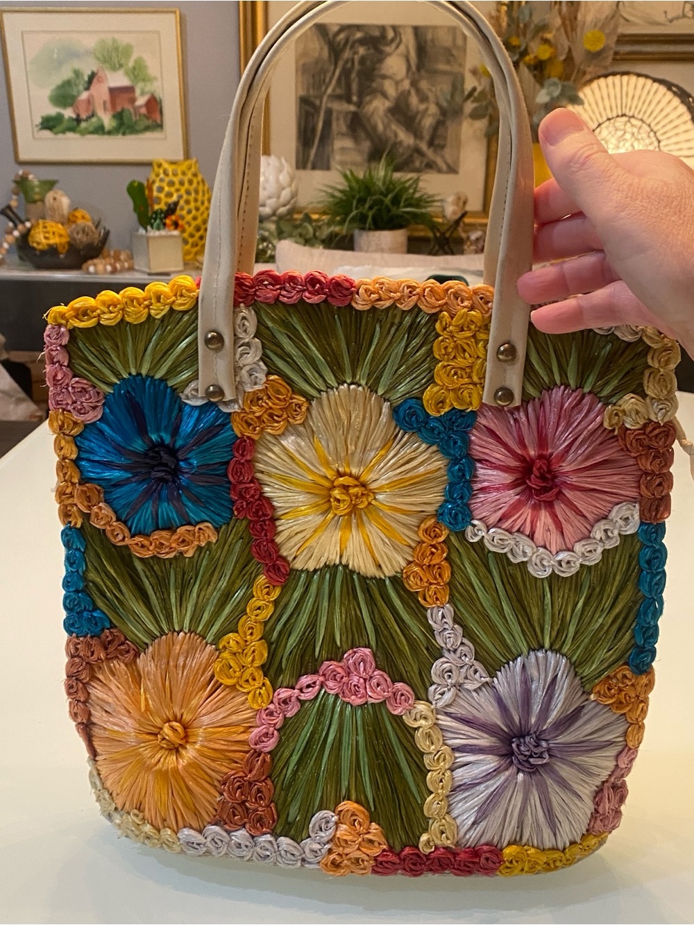 Vintage Straw Raffia Floral Embroidery Tote Bag Colorful Summer Beach Handbag